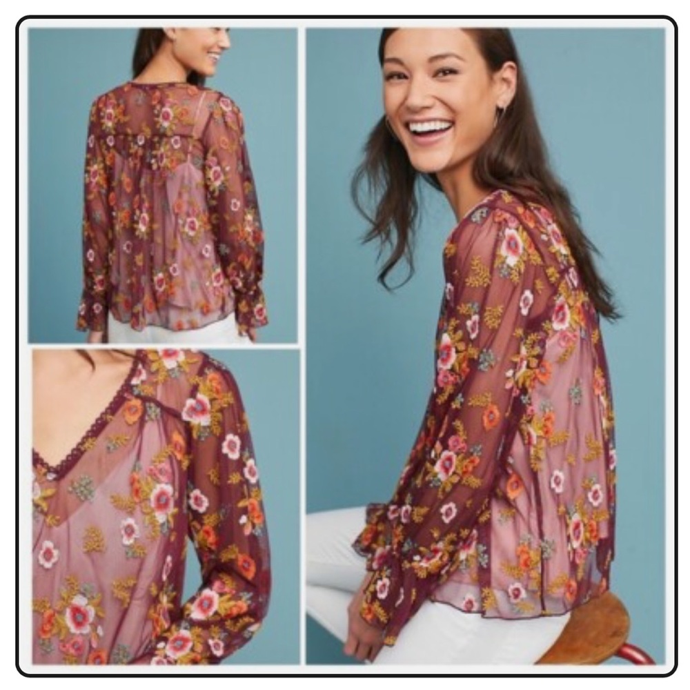 Anthropologie Floral Sheer Burgundy Blouse. 70’s style